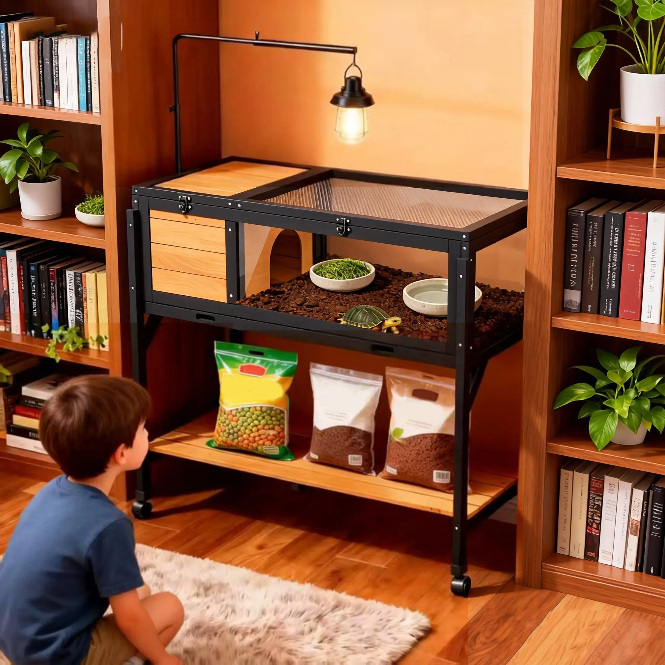 Tortoise Habitat On Wheels,Large Wooden Tortoise House with Bottom Shelf,Outdoor Reptile Cage with Leak-Proof Tray,Yellow