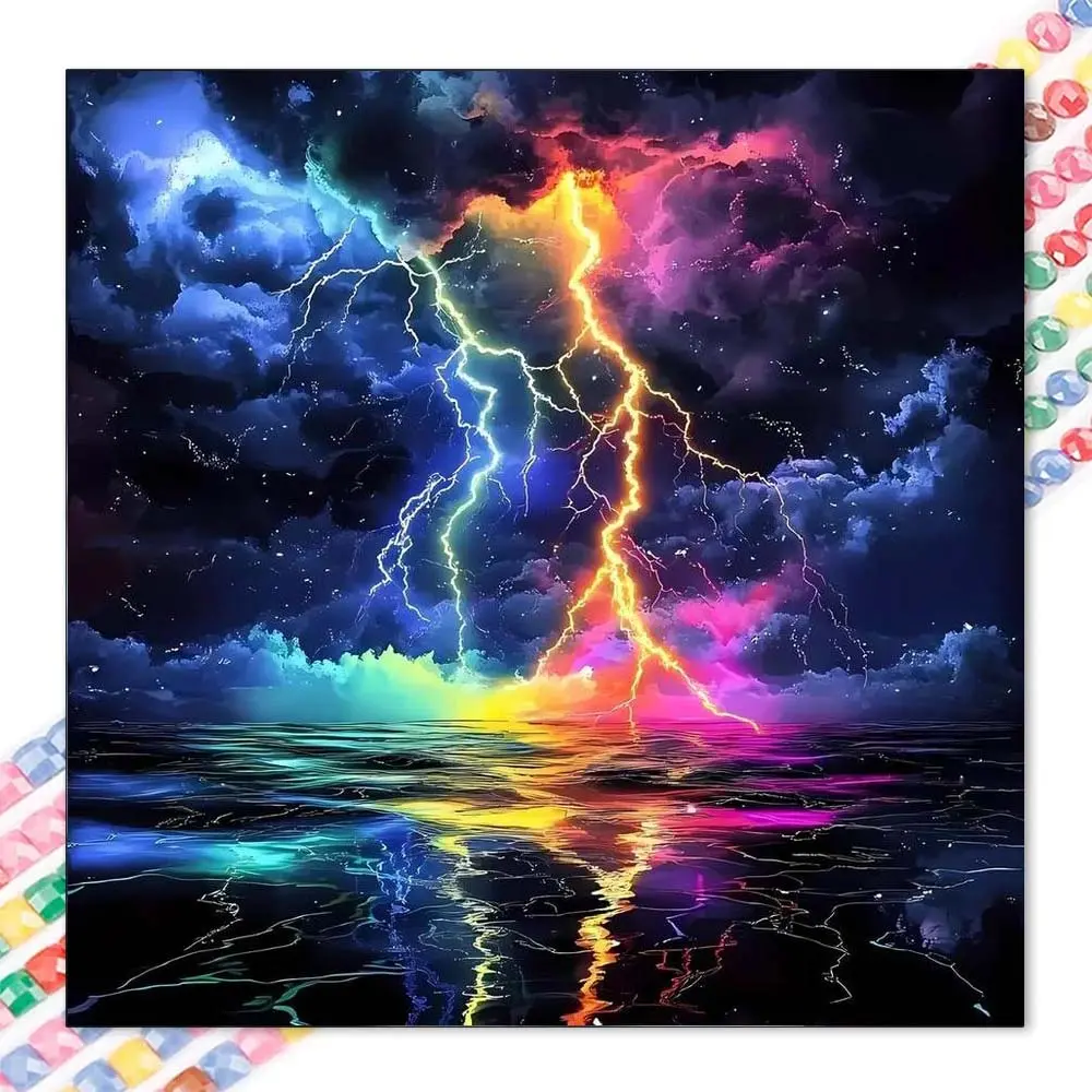 1pcs 5D DIY diamond painting kit, 5D diamond art set, DIY decoration, colorful lightning, storm clouds, water surface reflection diamond painting kit full round drill DIY, mosaic, diamond art, DIY art home decor, suitable for Halloween and Christmas.
