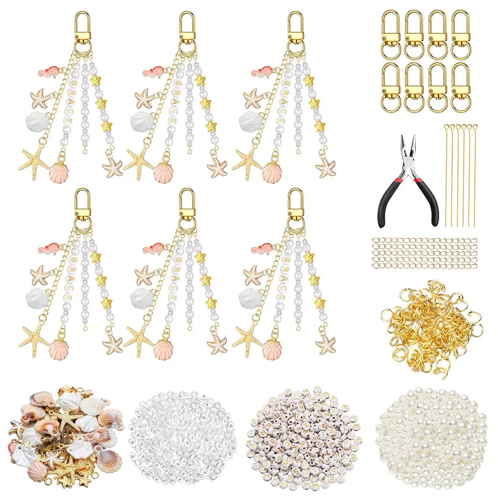 776-Piece Ocean DIY Seashell Keychain Making Kit - Key Chain Charms, Starfish, Pearl, Seahorse, Customizable Letters Beads, Clips & Tools for Custom Initial Bead Keychains, Summer Camp Activities, Small Business Crafts