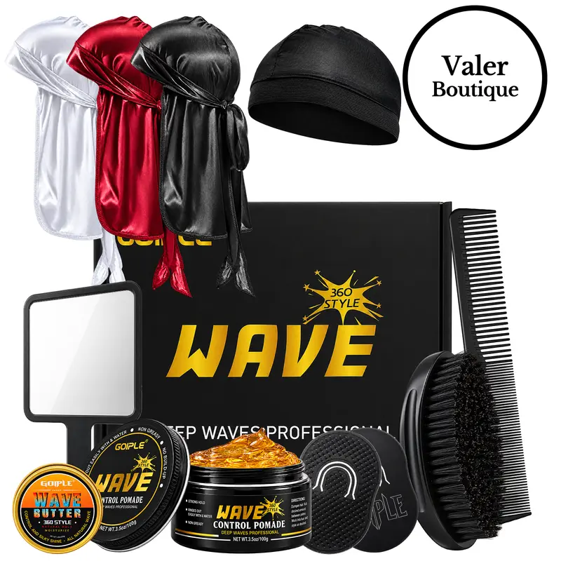 Strong Hold Wave Pomade for Men, 360 WaveTraining Hair Cream Grease Promotes Layered Waves, Silky Shine, Non-Toxic,  High Performance， Brush and Durag Cap Set ，Valentine’s Day Gift for Men