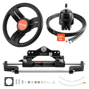 fathersdaygift VEVOR Outboard Hydraulic Steering Kit, 200 HP, Marine Boat Hydraulic Steering System with 6.9 MPa Two-Way Lock Helm Pump, Cylinder, 2 PCS 26 ft Hoses, 13.5 Wheel for Single Station, Single-Engine Use