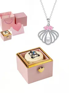 Shell Heart Pearl Glow Pink Diamond Necklace Mermaid Princess Shell Necklace, Minimalist Luxury Pink Zircon & Pearl Pendant Clavicle Chain, with Surprise Magic Birthday Cake & Bear Jewelry Gift Box, Perfect Mystery Gift for Valentine’s Day & Birthdays