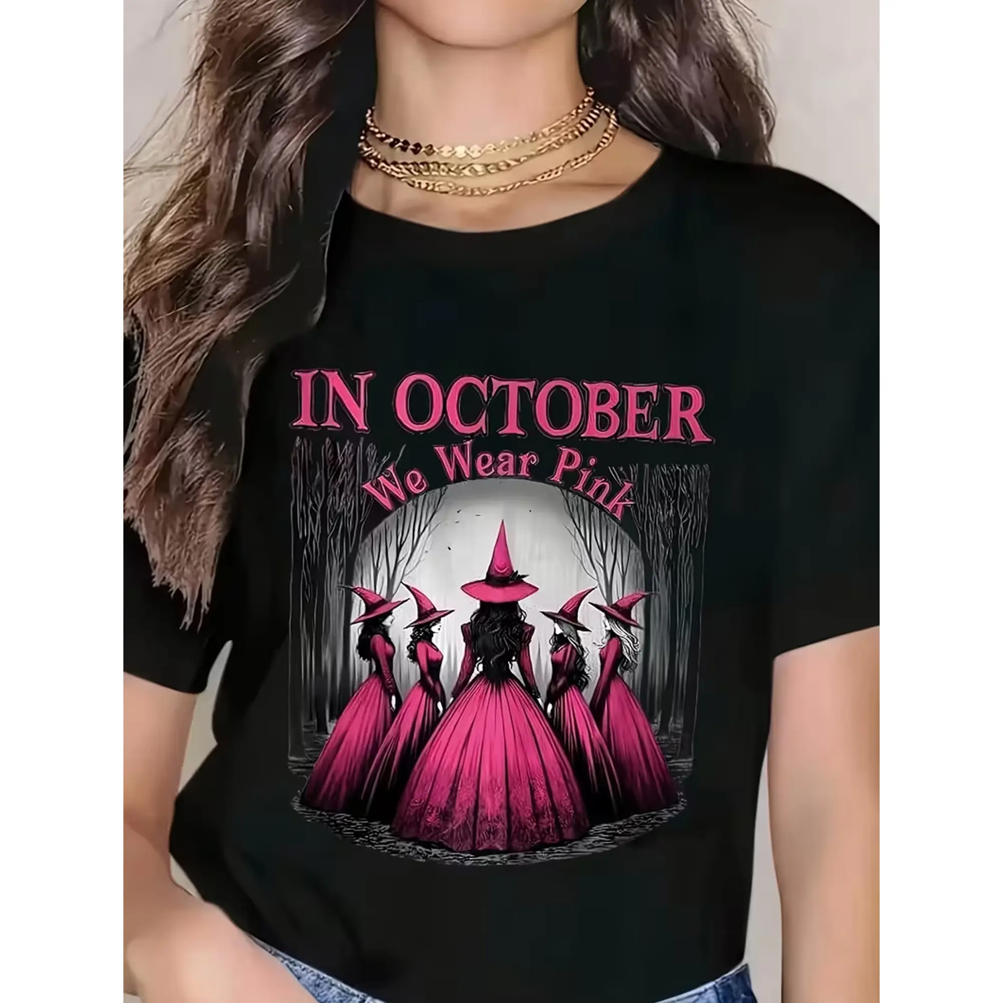 Women's Gothic Witch T-Shirt Suitable for Halloween Costumes with Witches' Hats & Bats Print, Crew Neck Casual Tee for October Parties, Themed Outfits, Machine Washable Witch Design
