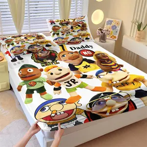 Trendy Cartoon Fitted Sheet Set & 2 Pillowcases No Core, White Base Color, American-Style Cartoon Plush Dolls and Iconic Text Design, Comfortable Easy Care, Quirky Unique Bedroom Decor, Gift Choice