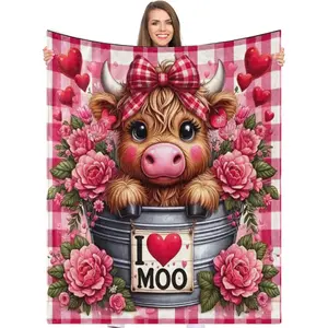 Cute Highland Cow Rose Valentine's Day Blanket, Cow Pattern Blanket, Flannel Skin-Friendly Bed Sofa Cover, Multi-Purpose for Bed Couch Chair Living Room Decor