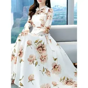 Women's Elegant Floral Print A-line Dress V-neck Pleated Waist Details Slimming Effect Long Elegant Skirt Casual Fabric Summer White Polyester Womenwear Flower Ruffled