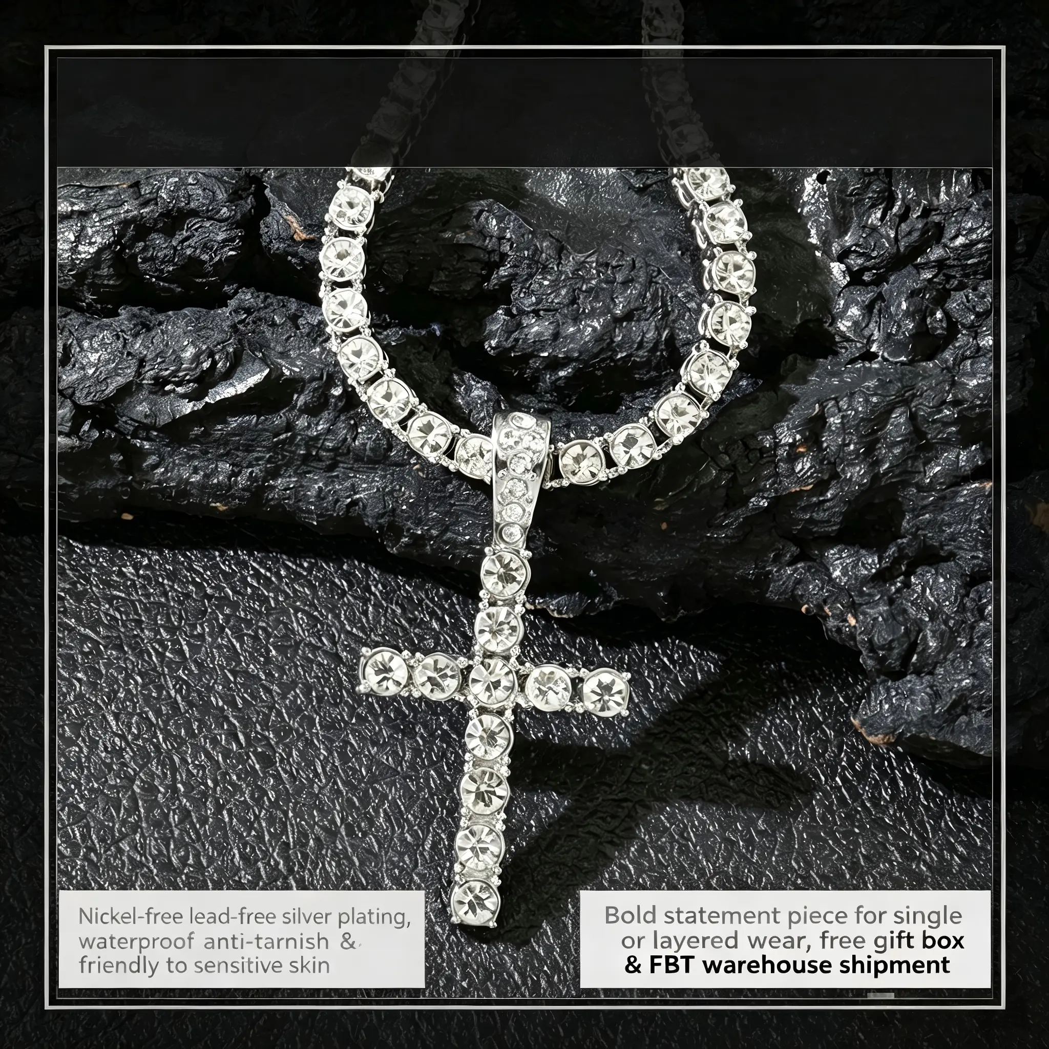 Silver-Plated Iced Out Cross Pendant Tennis Necklace - Full CZ Diamond Bling Hip Hop Chain, Waterproof Non-Tarnish Religious Jewelry for Men & Women, Everyday & Party Wear