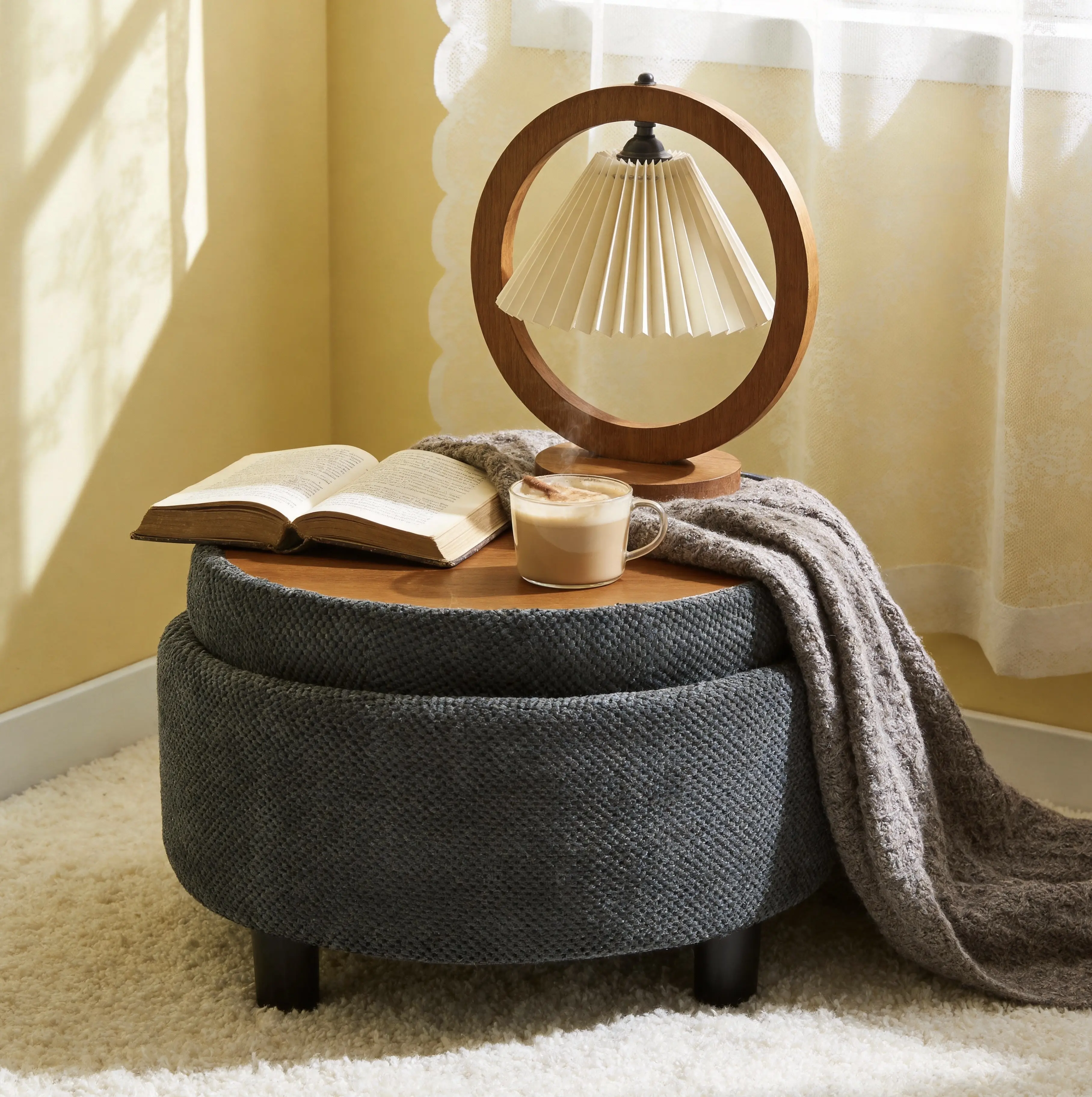 Modern 25 Inch Round Storage Ottoman Coffee Table with Tray & Removable Top, Tufted Upholstered Circle Ottoman for Living Room Bedroom, Dark Grey/Light Grey/Black/Dark Green/Coffee/Camel, Round Shape, Tray Top, Polyester
