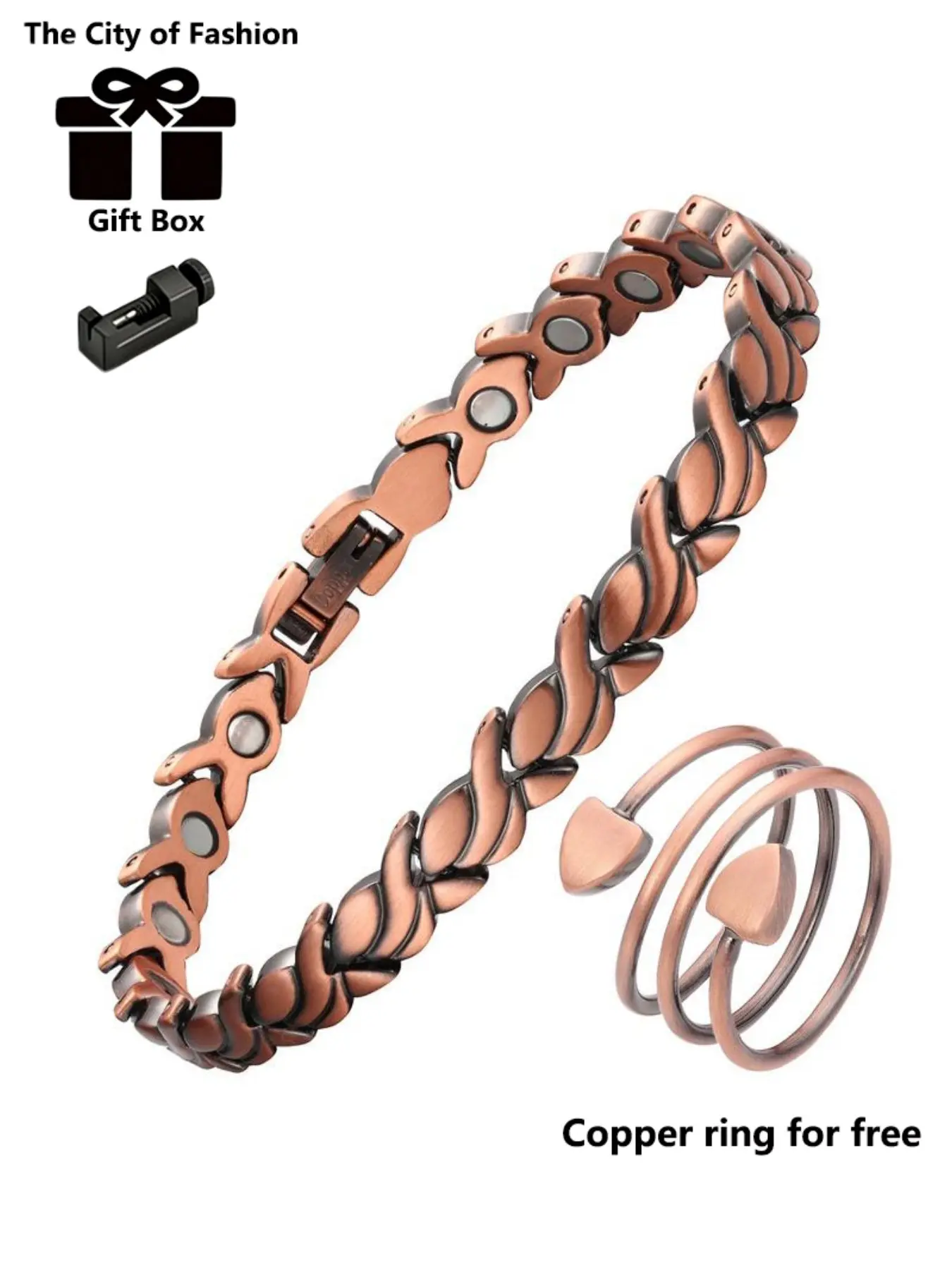 Women's 99.99% Pure Copper Magnetic Bracelet and Ring Set, Adjustable Cuff Bangle, Elegant Valentines Day Jewelry Gift for Valentine's Day and Mother's Day, Copper Bracelets, Adjustable Stack Bangle