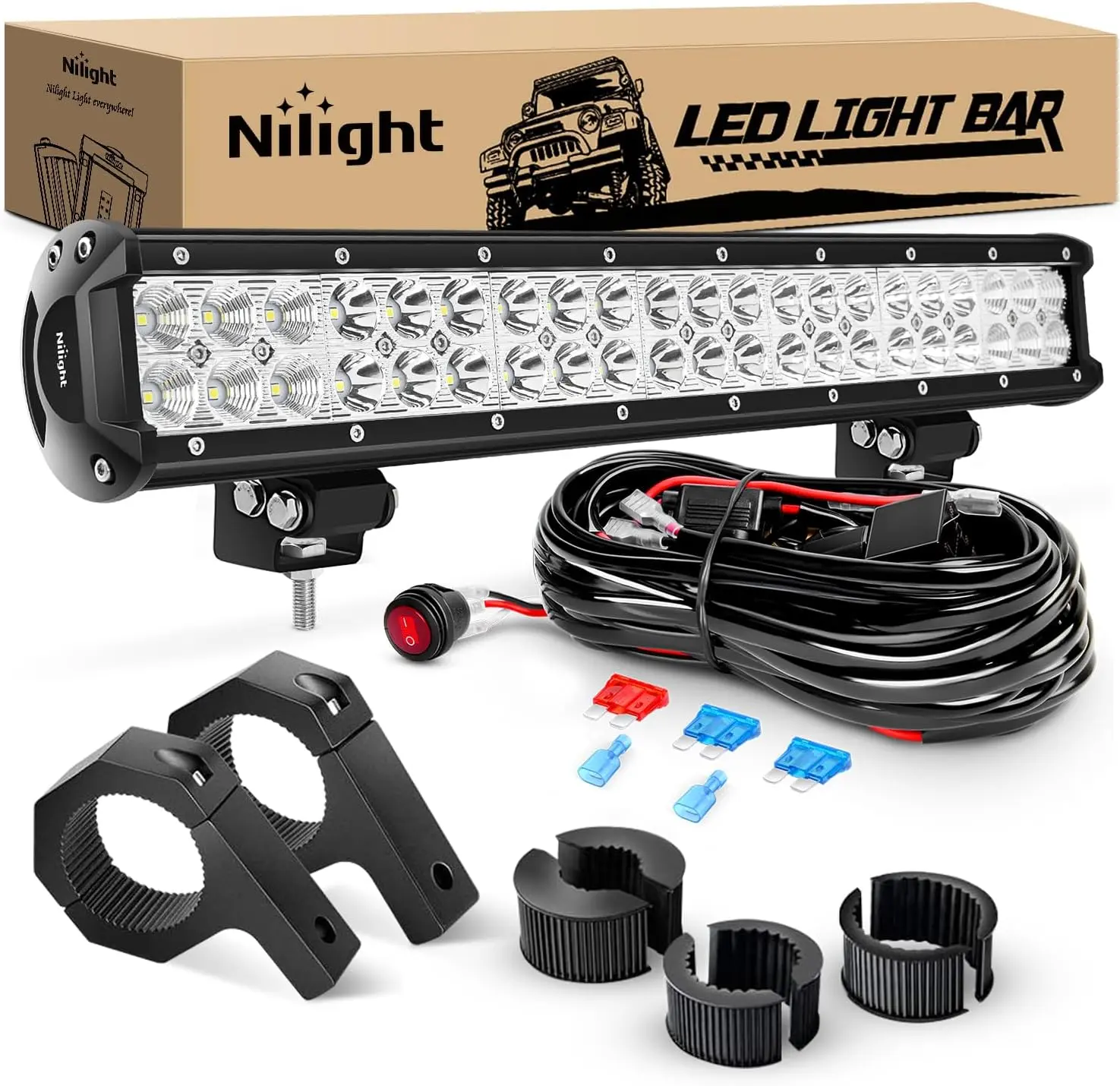 Nilight 20-Inch 126W High Power LED Light Bar, Spot-Flood Combo with Bright Illumination, Off-Road Compatible Mounting Bracket, Horizontal Tube Clamp & Wiring Harness, Led Work Light for Off Road Use, Off Road Lights