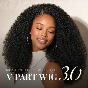 250% Density Megalook True Scalp Bomb Afro Kinky Burmese Curly V Part Glueless Human Hair Wig PLus Crochet Hair Flexi-Fit Drawstring Minimal Leave Out Quick Weave Wig