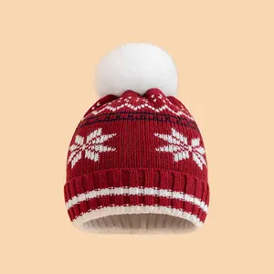 New1pc ' Red White Snowflake Pom-Pom Knit Beanie Hat - Soft Warm Winter with Pom-Poms, Snug Fit Boys & Girls, Christmas Birthday, Outdoor Windproof, Easy Care (Hand Wash/Dry Clean) - Ideal & Play(Gift)11