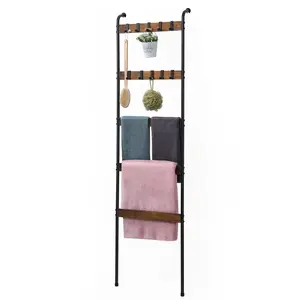 Blanket Ladder, 5 Tier Blanket Holder with 10 Removable Hooks, Farmhouse Style Blanket Ladder for Living Room Bathroom, Decorative Wall Mounted Wooden Quilt Standing Towel Drying Storage Rack
