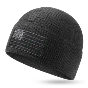 OUTDOOR SHAPING American Flag Waffle Grid Fleece Beanie, Soft Lightweight Outdoor Skull Cap for Running Hiking Cycling Sports Headwear Workout Gear