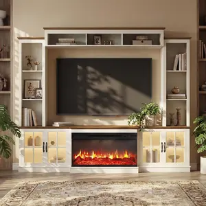 【3 Packages Shipping】98” Farmhouse Entertainment Center with 36" Fireplace, TV Stand, Bookshelf, Wine Cabinet, Fits TVs up to 75", Wall Unit Media Console with Power Outlets and Barn Doors for Living Room, White