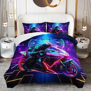 3pcs Motorcycle Racing Comforter Set, Sports Theme Bedding Set for Girls and Adults Bedroom or Guest Room Decor, Lightweight Soft All Seasons Comforter Machine Washable Microfiber Quilt with 2 Pillowcases , Gifts for the Family