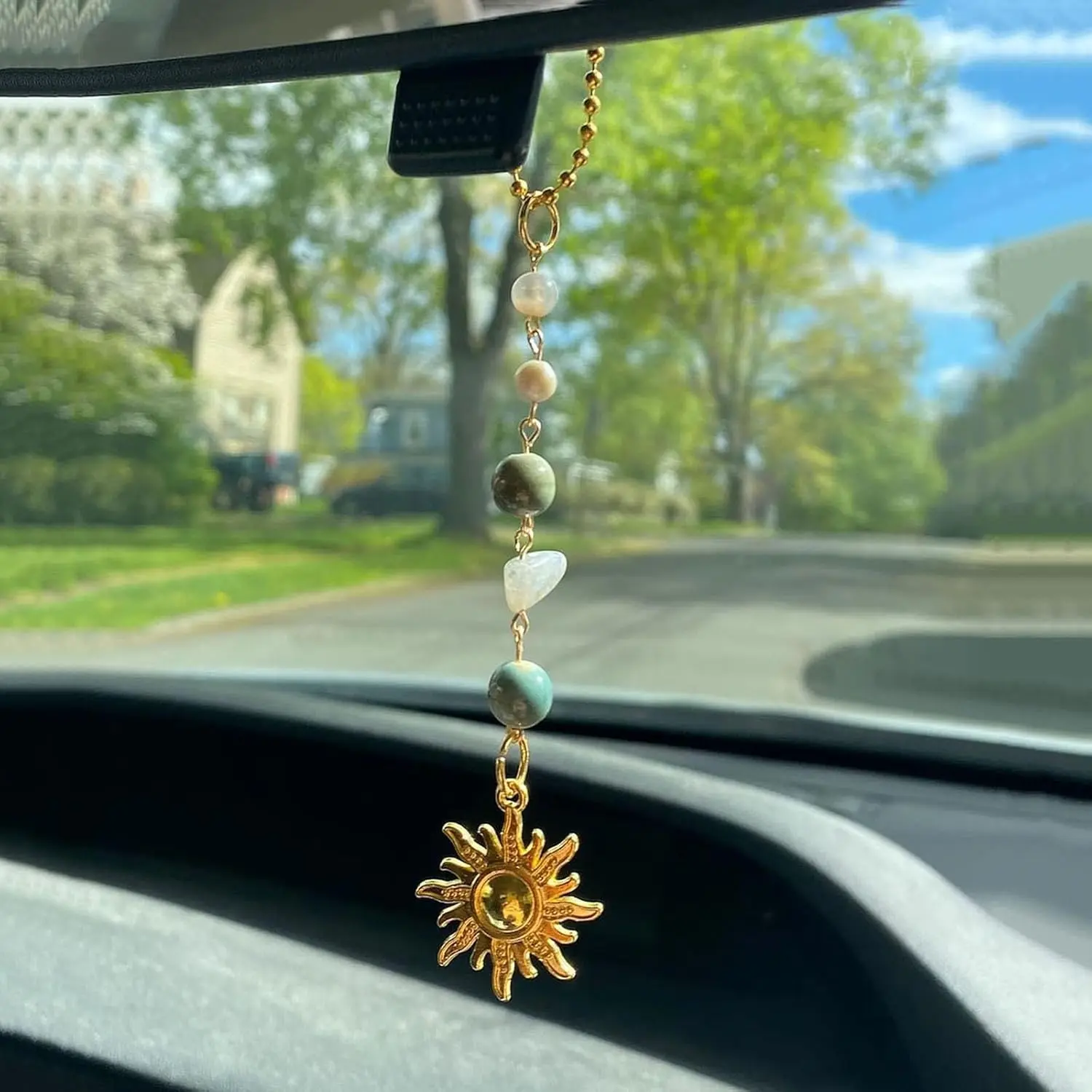 Handmade Sun Car Hanging Ornament, Car Ornaments, Car Hanging Decoration & Rearview Mirror Accessory, Car Interior Decoration, Bohemian Style Healing Crystal Stone Decor Gift, Car Accessories