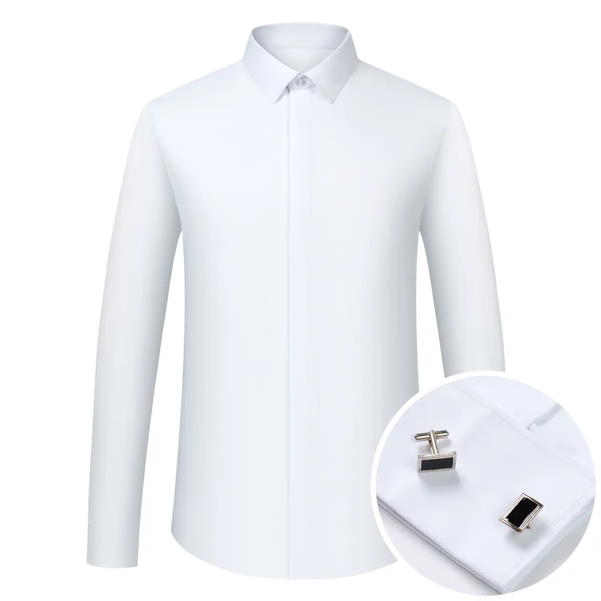 Men's Formal Cotton Blend Collared Shirt - Long Sleeve, Covered Button Front Placket, Comfortable Fit, French Cuffs, Random Metal Cufflinks, Plain, Ideal for Thanksgiving, Valentines Day