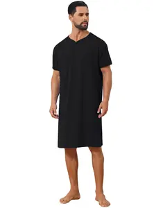 INSPIRE CHIC V-Neck Nightgown for Men's Colorblock Trim Short Sleeve Chest Pocket Pajama Sleep Shirt