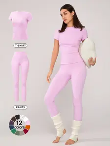 Women's Solid Short Sleeve Tee & Leggings Loungewear, Casual Comfy Stretchy Round Neck Top & Skinny Pants Matching Pajama Set, Ladies Sleepwear for Spring & Fall