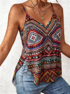 Plus Size Boho Bohemian Ethnic Print Halter Top, Side Slit Irregular Hem, Slimming V Neck Sleeveless Shirt, Summer Loose Vacation Style, Adjustable Straps