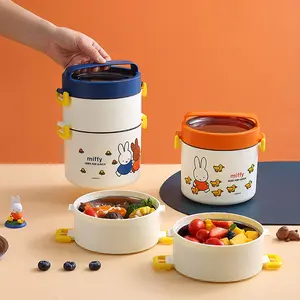 Round double-layer 304 stainless steel lunch box, cartoon Miffy lunch box for children and adults, student lunch box, Miffy lunch box