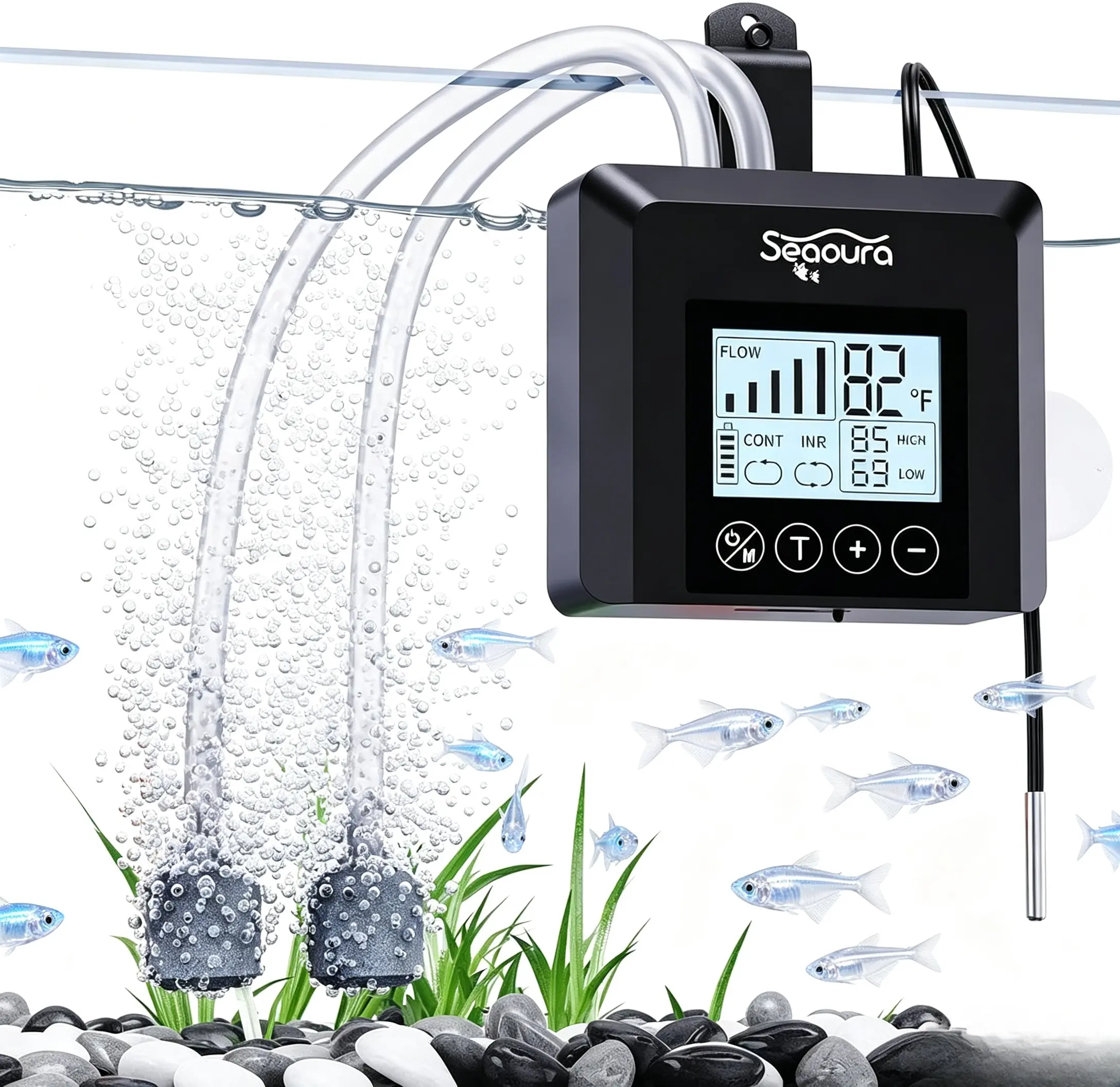 Seaoura Smart LCD Display Aquarium Air Pump - USB Rechargeable, Battery Powered, Portable Quiet Oxygen Aerator with Dual Independently Adjustable Flow Outlets for 120-gal Fish Tanks, Bait Buckets