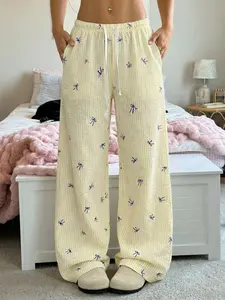 Coquette Aesthetic Bow Print Striped Crinkle Cotton Wide Leg Lounge Pants for Women - Soft Breathable Textured Fabric, Casual Comfy Loungewear for Home & Weekend Outings, Y2K Cute Bow Pattern, Elastic Waist with Drawstring, Relaxed Fit Trousers