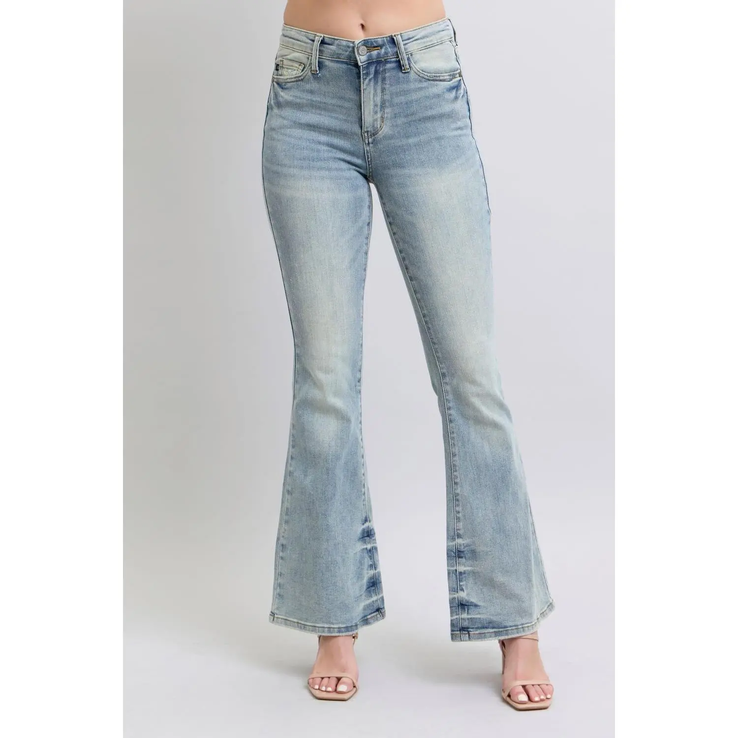 Judy Blue Women's Mid Rise Flare Jeans with Contouring Pin Tack Detail and Stretch Spandex Fabric - Everyday Elevated Basics, Slimming, Flares Out From Knee, Stretch Denim, Vintage, Feminine, Regular Sizes, Multi-Size, 14W, Bottoms, Soft, Mid Rise Jeans,,