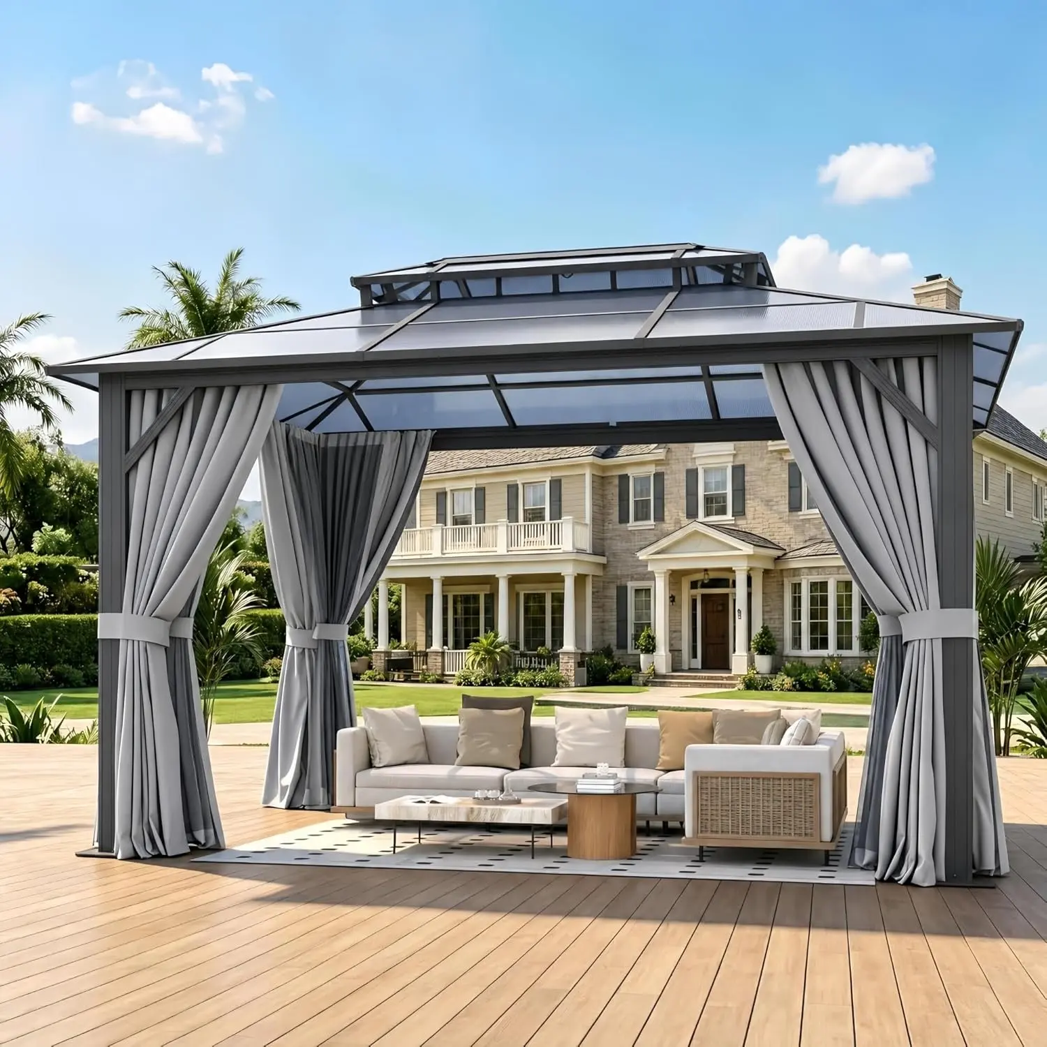 Jolydale Hardtop Outdoor Shelter, Aluminum Frame Permanent Gazebo with Double Polycarbonate Double Roof, Sturdy Base, Curtains and Netting for Patio, Garden