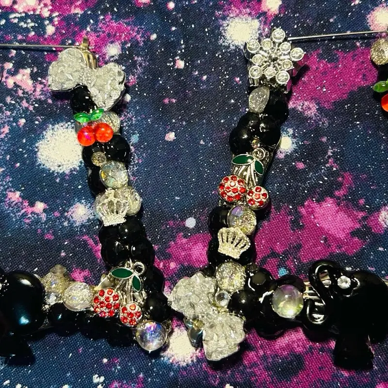 Retro Glam Statement Earrings Black Silver & Cherry Charms with Sparkling Rhinestones and Unique Design