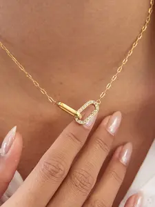 Ladies Necklace Color Water Diamond Double Ring Pendant Stainless Steel 18k Gold Plated Anti Allergy Modern Classic Style Charming And Elegant Accessory, Drop Pendant Necklace
