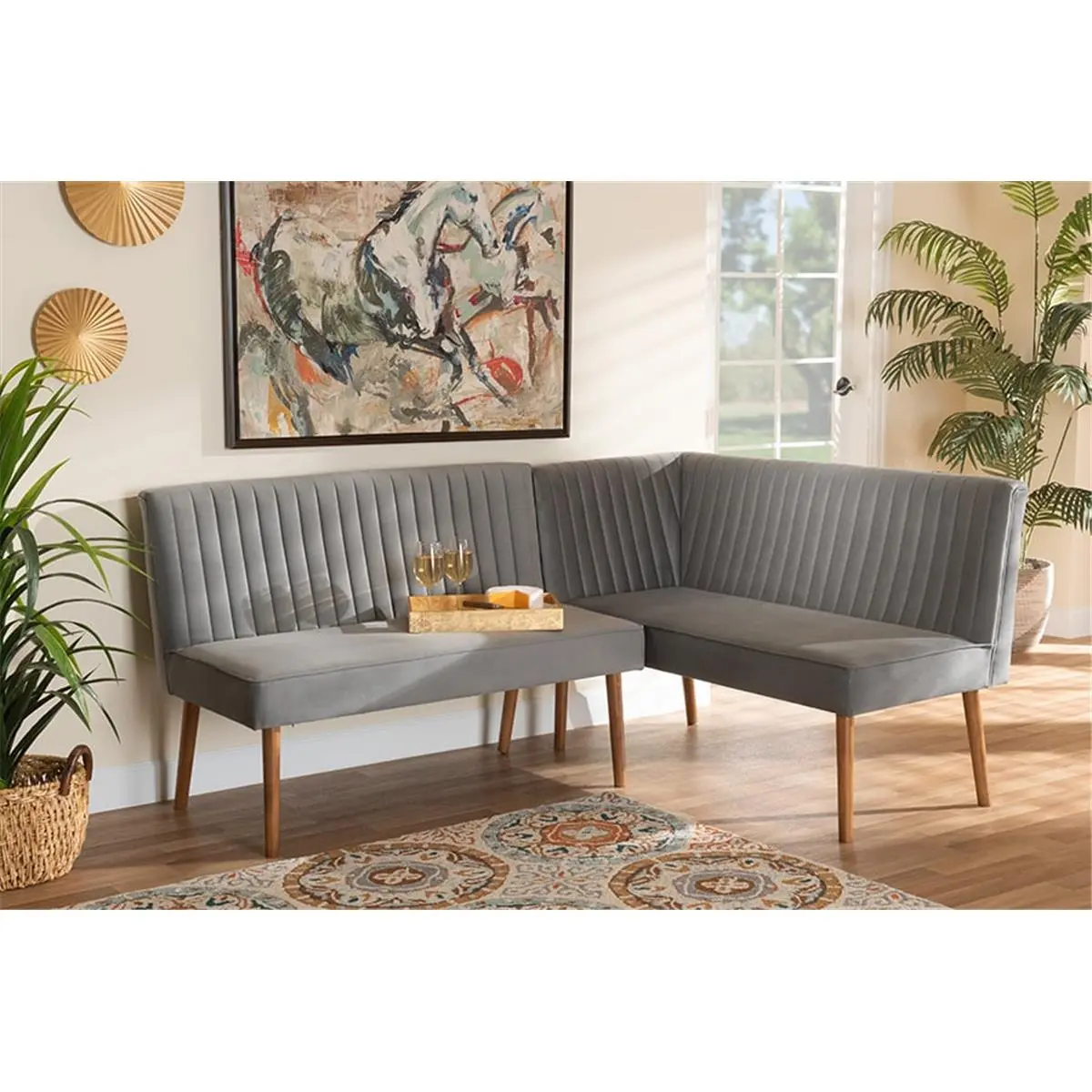 212 MAIN 2-Piece Mid-Century Modern Velvet Upholstery Dining Nook Banquette Set - Channel Tufting, Geometric Display, Multiple Seats, Plywood Base Wood Frame, Corner Layout, Grey & Walnut Brown, Requires Assembly
