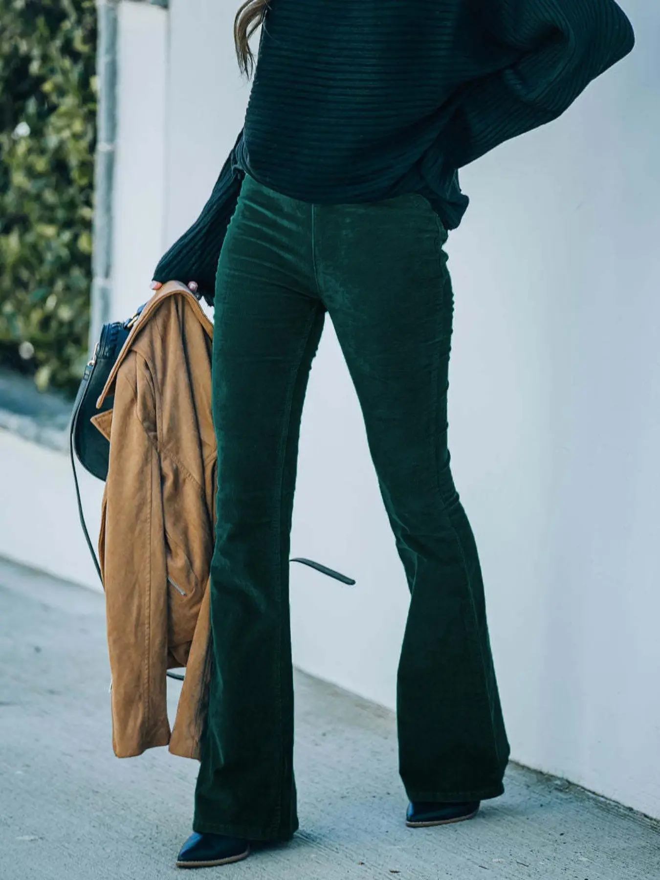 Women's Corduroy Micro Flare Long Pants, High-Waisted Drawstring Slim-Fit Vintage Elastic Boot Cut, Casual Versatility Below Knee