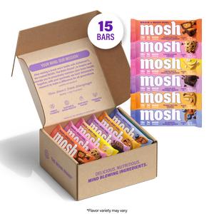 MOSH Best Sellers Variety Pack - 15 High Protein Bars (Chocolate, Cookie, Peanut, Almond Flavors) - Lower Sugar, High Fiber, Keto-Friendly, Gluten-Free, 6+ Brain Nutrients (Including Cognizin) - Mission-Focused, Gives Back, Ideal for Cupboard Storage,summ