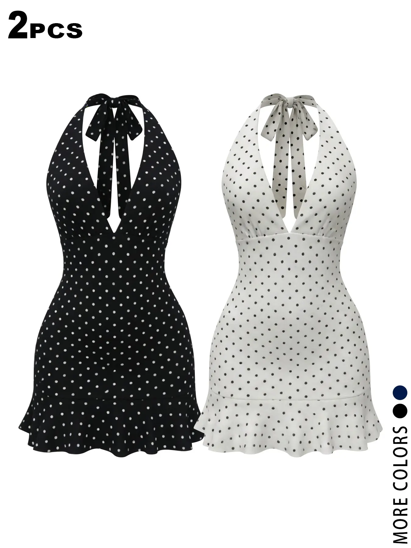 2PACKS Polka Dot Halter Mini Dress for Women, Womenswear, Casual Summer Clothing, Y2K Deep V Neck Backless Ruffle Hem Dress, Sleeveless Bodycon Flared Sundress, TikTok Viral Summer Beach Outfit, Perfect for Vacation, Party, Casual Daily, Coquette Style