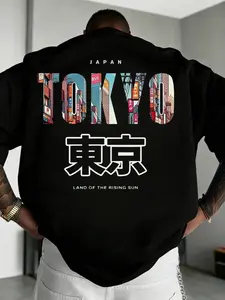 Men's Fashionable Tokyo Print Short Sleeve T-Shirt, Casual Fitted Graphic Tee, Long Clothing Length, Summer Wear, Menswear Streetwear