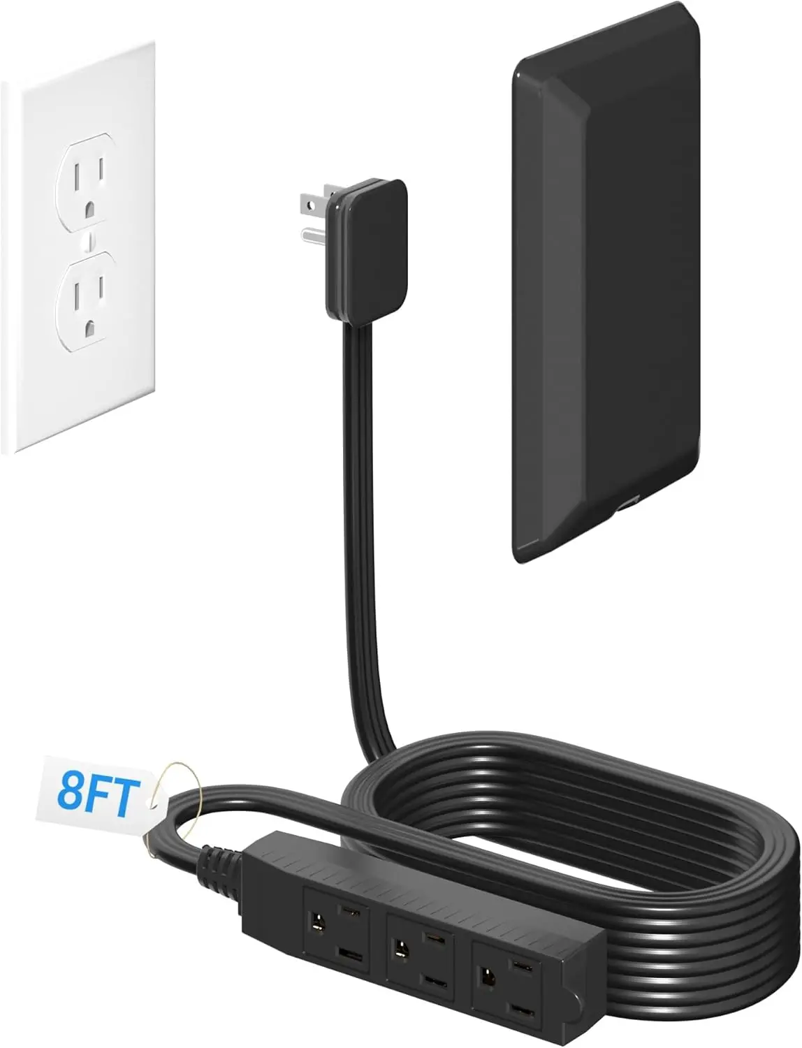 8FT Flat Plug Extension Cord wit Cord Concealer Kit,3 Outlet Power Strip,Wall Extension Cord wit Flat Plug for  Protection,Universal Size for ome,Batroom wit ETL Listed,Black