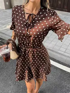 Summer Fashion New Arrival Polka Dot Short Sleeve V Neck Waist Cinch Dress, Versatile and Stylish, Perfect for Warm Weather