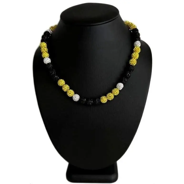 Iced Bling Disco Ball Rhinestone Crystal Bead Baseball Necklace Black Yellow Iced Bling Disco Ball Rhinestone Crystal Bead Baseball Necklace Black Yellow