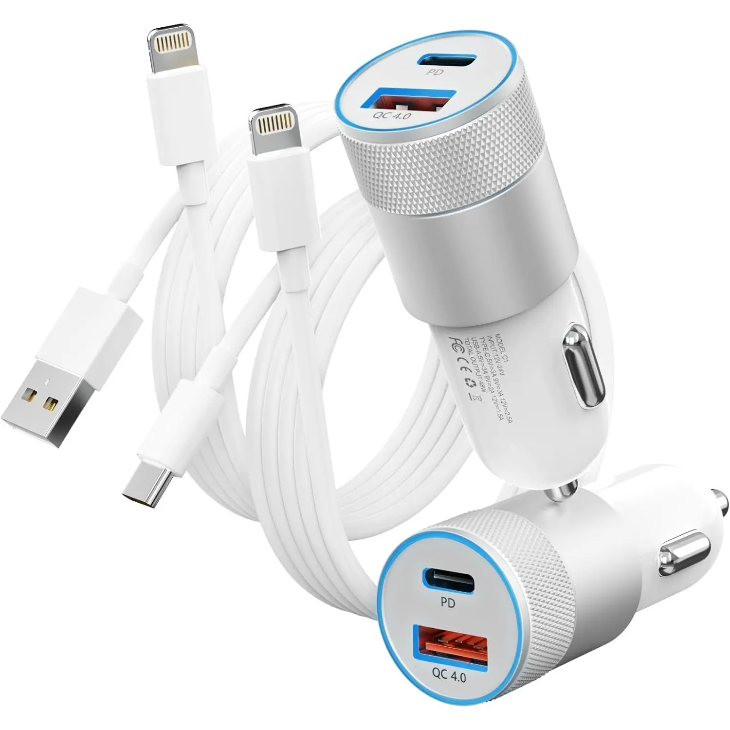 48W Dual Port Car Charger Adapter (USB A & USB C) with 2-Pack 6ft High-Speed Lightning Cables - Dual Charging, Portable Multi-Device Super-Fast Charging Adapter for iPhone 14 Pro/13 Pro Max/12 Mini/11/SE/X/8 Plus, iPad & More, Dual Charging Adapters, Usb-