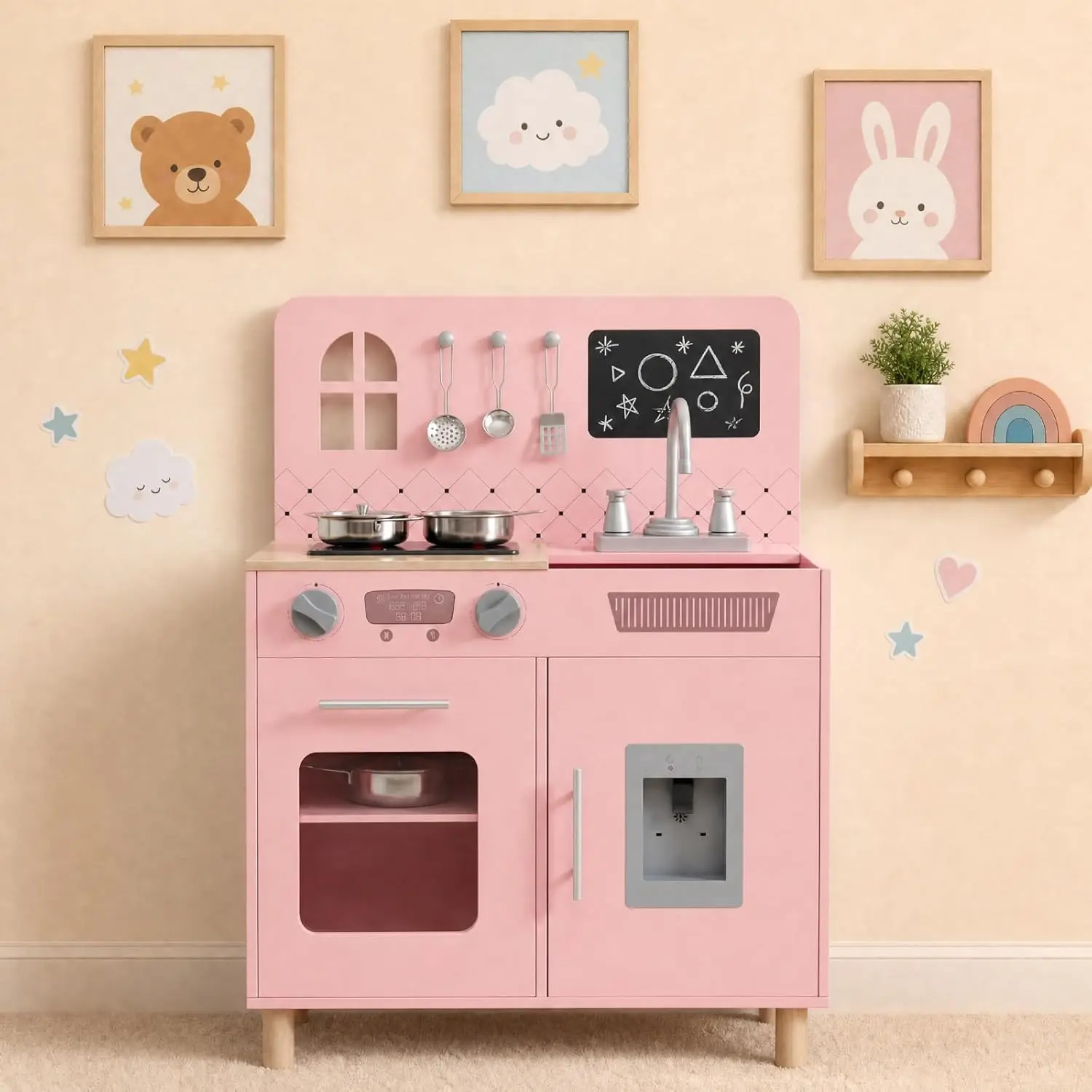 MAMIZO Wooden Toddler Play Kitchen with Blackboard, Kids Small Pretend Kitchens Playset, Clicking Knobs, Sink, Water Dispenser, Storage, Cookware, Chalkboard, Modern Toy Kitchen for Girls & Boys