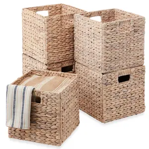 Best Choice Products Set of 5 Handwoven Water Hyacinth Storage Baskets – Natural Collapsible Organizers with Handles