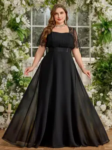 Plus Size Square Neck Lace Short Sleeve Women's Maxi Dress, Elegant Chic Formal A-Line Party Gown, Fitted Wrap Zipper Design, All Seasons Wear