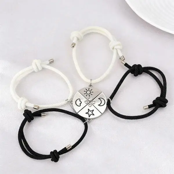 4-Piece Adjustable Magnetic Best Friends Bracelet Set, Sun Moon Star Cloud Puzzle Matching Braided Cord Stackable Bracelets, Besties Graduation Costume Jewelry Gift, Friendship Bracelets