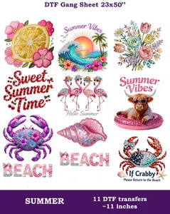 Rhinestone Summer DTF Gang Sheet: 11 Ready To Press Transfers - 23x50, Full-Color Printing, Same/Next Day Shipping Faux Yarn Gansheet