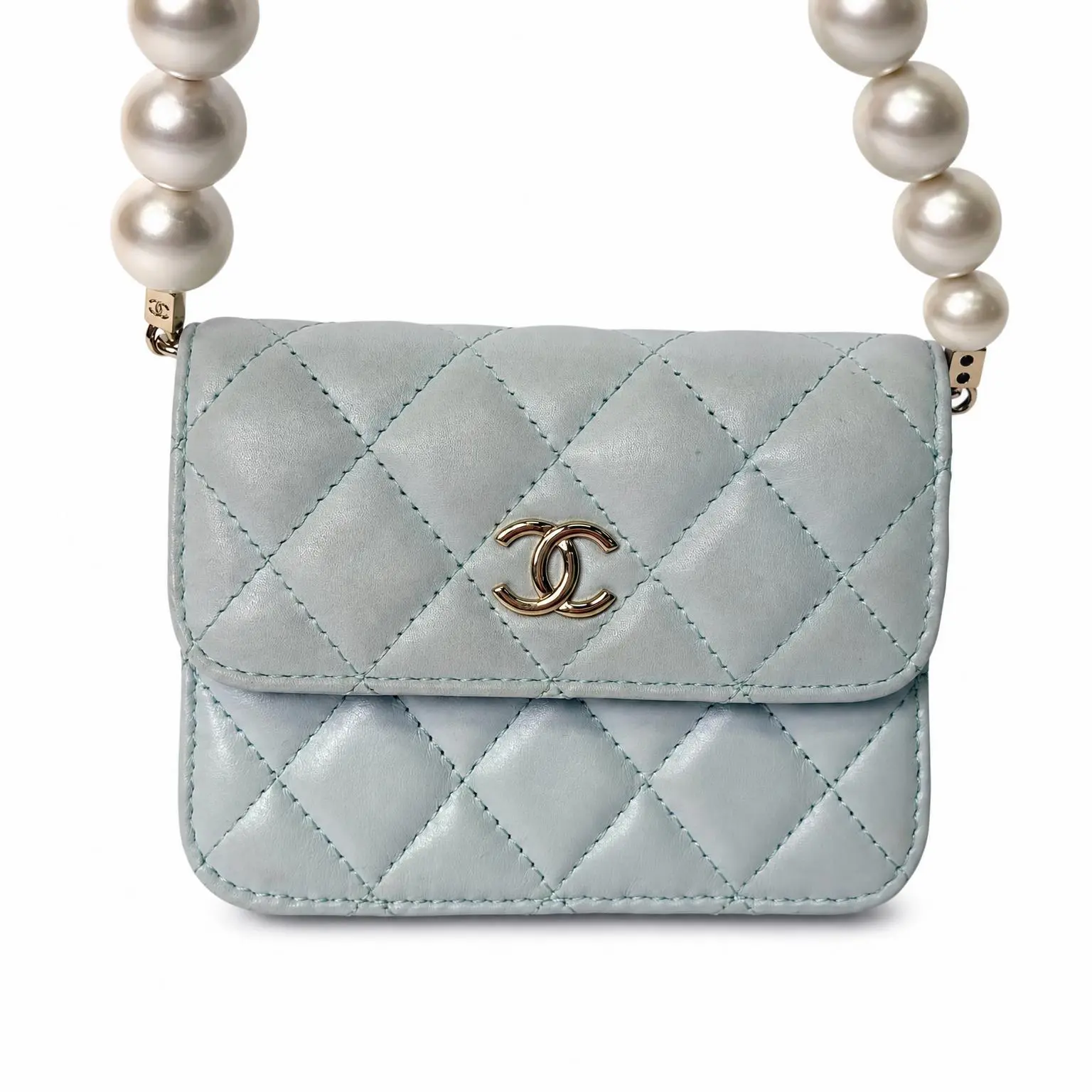 Pre-owned CHANEL X Mini Bags Lambskin Quilted Pearl Chain Belt Bag Light Blue
