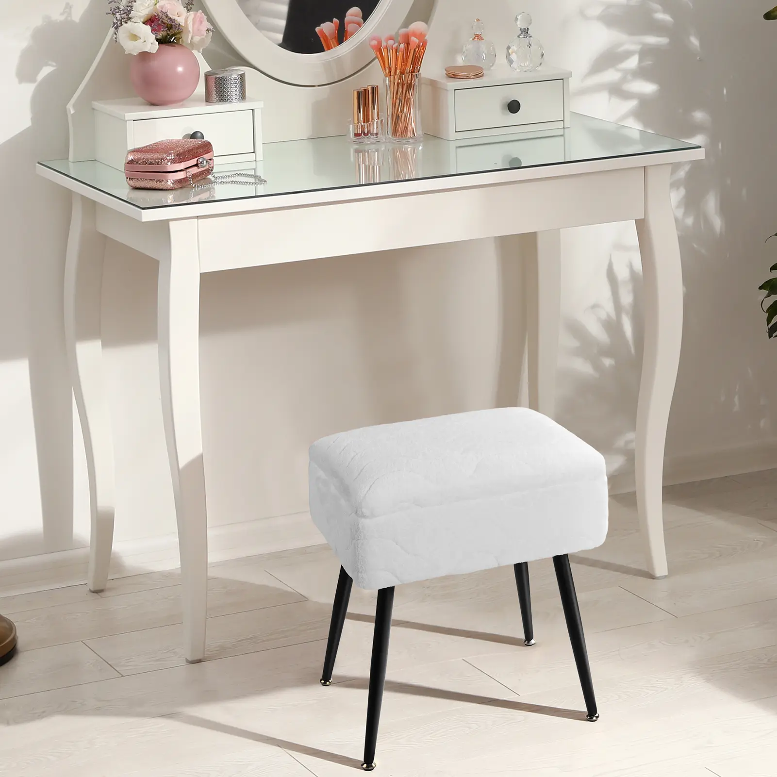 Faux Fur Vanity Stool with Storage, Doubles As a Side Table and Footstool for Couch, 18.7" H Makeup Vanity Chair with 4 Metal Legs for Bedroom, Living Room, Entryway (Pink & White)