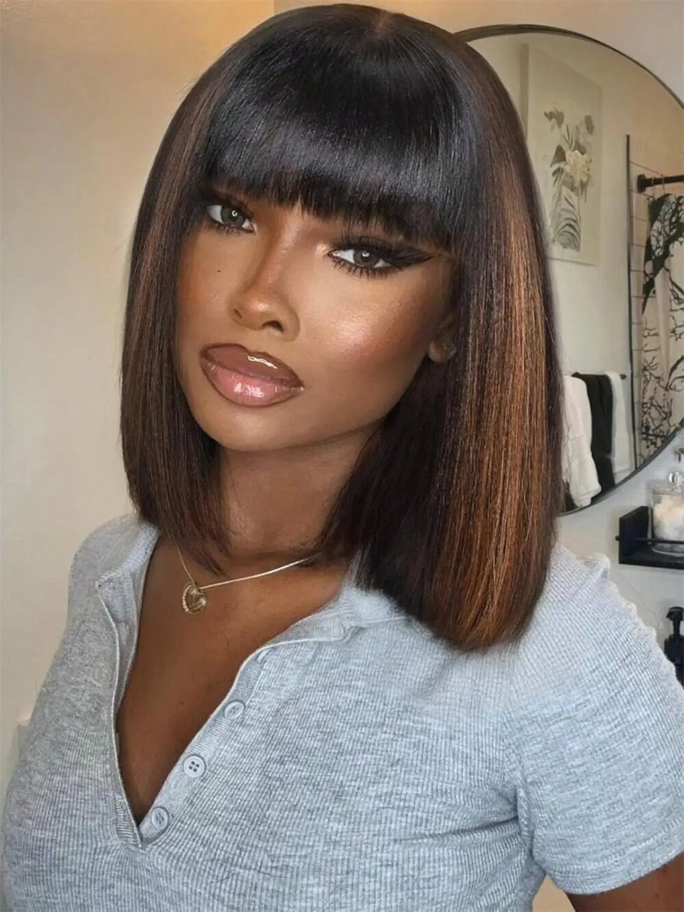 10 Inch Yaki Straight Bob Wig with Bangs, Blunt Cut Wig, Synthetic Hair, Glueless HD Lace, Highlights, Ready to Go, Short Wigs for Women, 180 Density, Bob Style Wig