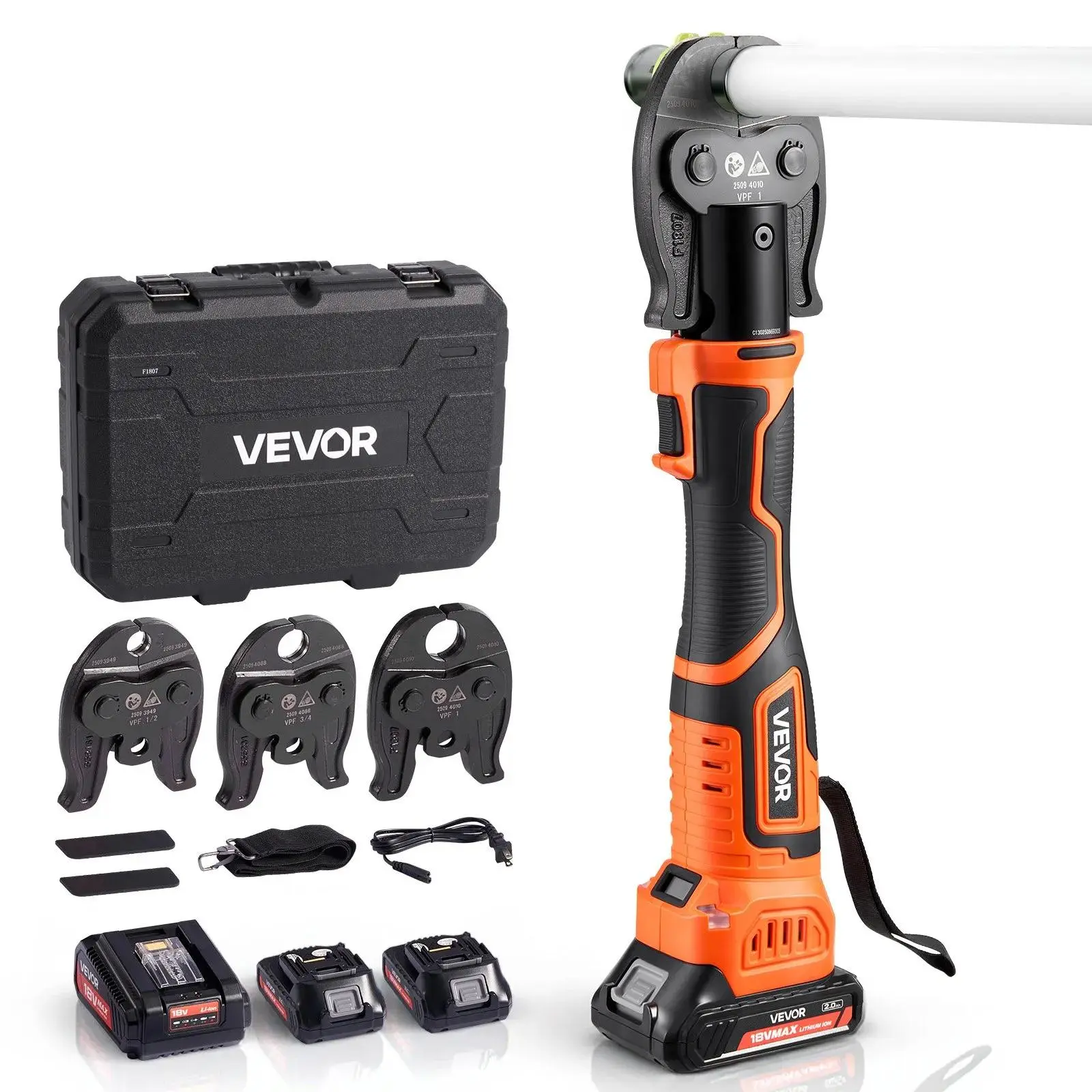 【BackToSchool】Deals VEVOR Press Tool, 18V Electric Pipe Crimping Tool for 1/2" 3/4" 1" PEX Pipe Stainless Steel Rings, 24KN PEX Press Tool Compatible with PureFlow - with 3 VPF Jaws, 2pcs 2AH Batteries, Charger & Toolbox